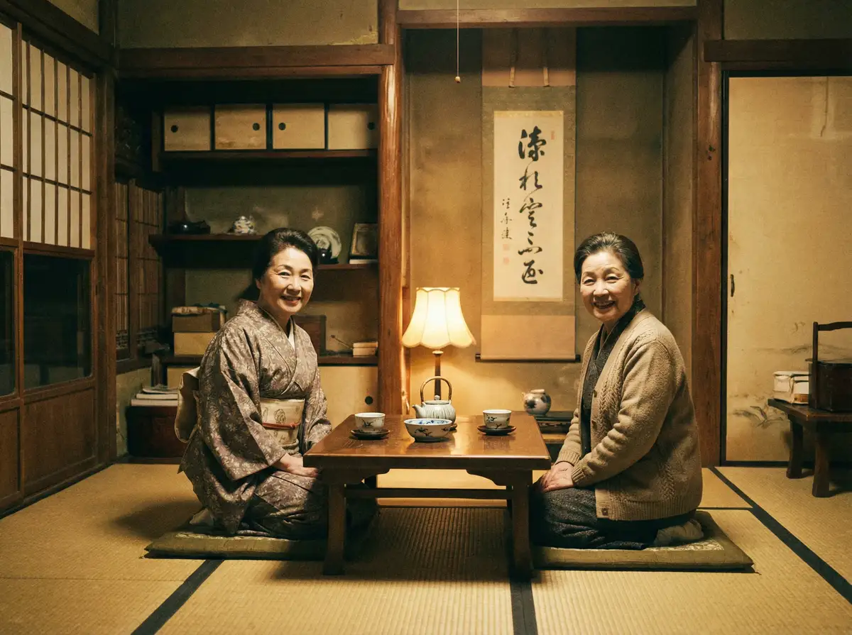 两位优雅的 趣岛 在日式茶室中品茶交谈